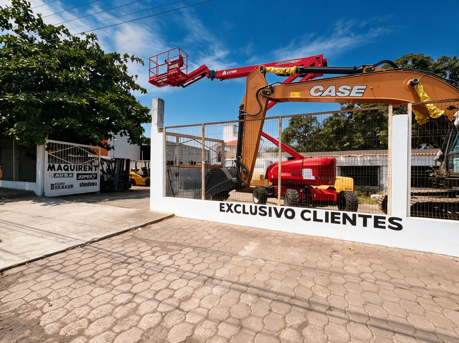 Entrada de Maquirent Veracruz con excavadora CASE y plataformas en el patio